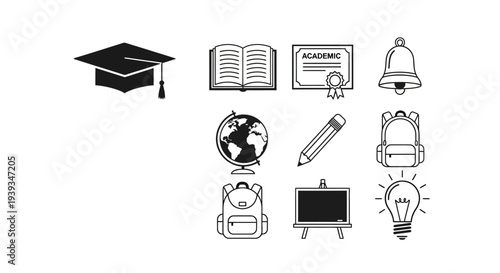 Education icons set graduation cap book certificate bell globe pencil backpack blackboard light bulb for learning.