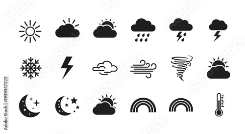 Weather icons set vector line style forecast symbols black color collection meteorology signs design elements stock illustration