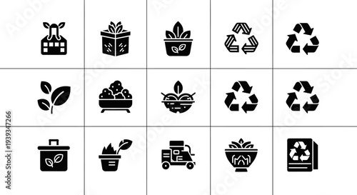 Ecology and recycling icons showing compost plant container gift box leaf arrangement and green recycle symbols