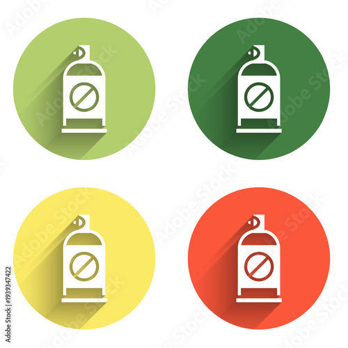 Set Spray against insects icon isolated with long shadow background. Color circle button. Vector