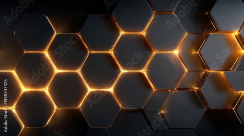 Abstract Black and Gold Hexagonal Pattern with Glowing Edges for Design Use