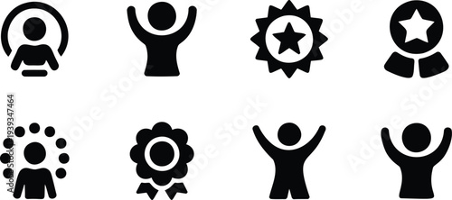 Set of 8 Achievement and Success Vector Icons: Featuring People Celebrating, User Profile, and Award Badges with Stars and Ribbons