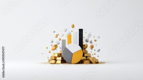 3D Graphic of Financial Growth with Gold Bars and Colorful Charts