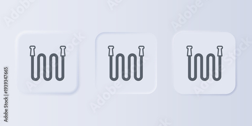 Grey Garden hose icon isolated on grey background. Spray gun icon. Watering equipment. Set icons in square buttons. Vector