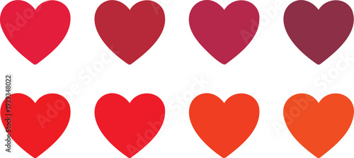 Set of 8 Gradient Heart Icons Vector Collection in Various Shades of Red and Orange, Ideal for Love, Romance, and Valentine's Day Designs