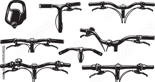Set of 10 different black bicycle handlebars isolated vector illustration flat design scalable graphic