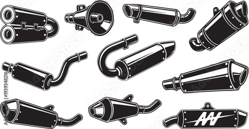 Various motorcycle exhaust pipes and mufflers vector illustration, flat design