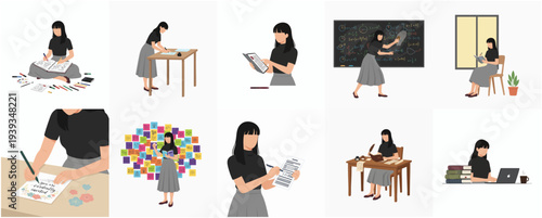 Minimalist Creative Woman Illustration Set, Crafting, Learning and Working at Home