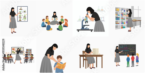 Flat Illustration Female Teacher Guiding and Educating Students in Classroom Set