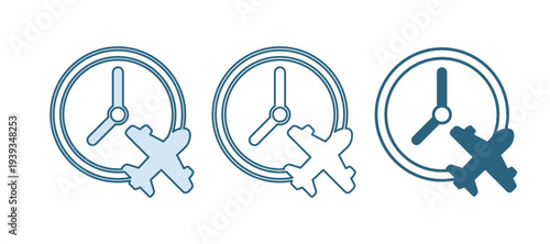 Blue Clock with airplane icon isolated on white background. Designation of time before departure, check-in for flight and arrival time symbol. Vector