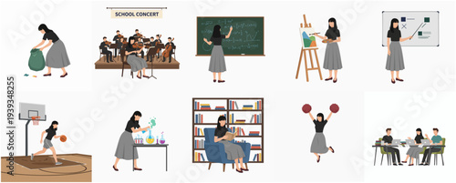 Flat Design Diverse School Activities Character Illustration Set on White Background