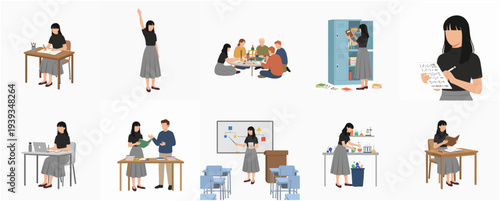 Flat Illustration Diverse Group of People in Various Office Activities Set