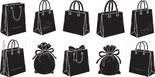 Set of elegant black shopping gift bags with ribbons vector illustration flat design scalable art