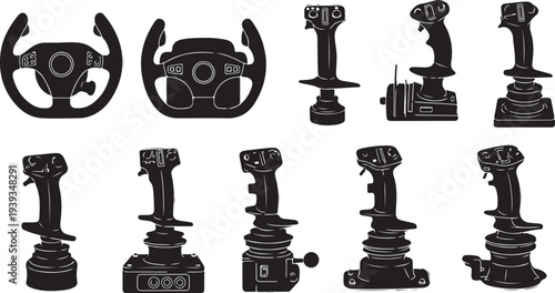 Chess and car steering wheel set vector illustration, black and white flat design gaming and driving icons scalable graphic