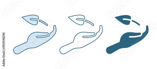 Blue Sprout in hand of environmental protection icon isolated on white background. Seed and seedling. Planting sapling. Ecology concept. Vector