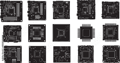Set of 12 microchips and circuit boards detailed electronic components vector illustration flat design