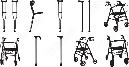 Set of mobility aids including crutches, walkers, and wheelchairs flat design vector illustration