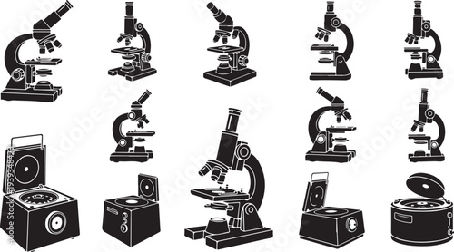 Set of 12 vintage microscopes laboratory equipment science education flat design vector illustration