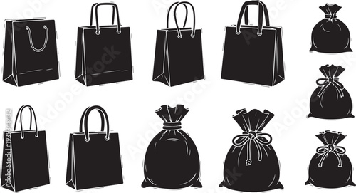 Set of elegant shopping bags and gift boxes vector illustration, black luxury retail packaging flat design, scalable graphic art