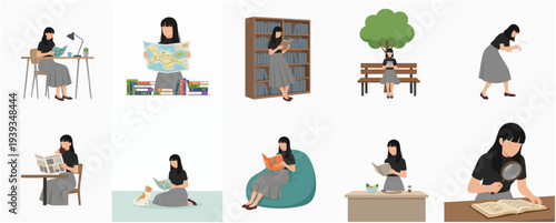 Minimalist Flat Illustration Set of Woman Reading in Various Activity and Location
