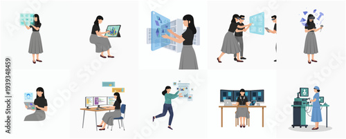 Minimalist Flat Style Woman Character in Various Working Scenarios Set Illustration