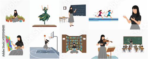Diverse Activities Girl Flat Design Illustration Collection Depicting Various Hobbies and Professions