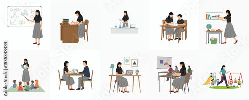 Flat Illustration Teacher Doing Various Activities in Classroom Isolated Set Icon