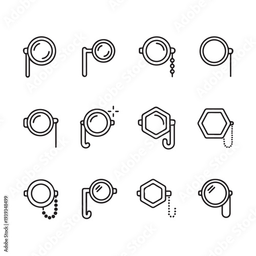 Collection of Monocle Icons and Line Art with Chains and Different Shapes
