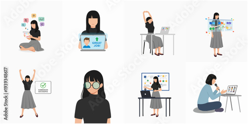 Flat Design Set of Female Character Working from Home Illustration
