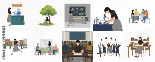 Flat Illustration Diverse Students Studying in Various Educational Settings