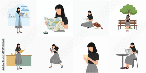 Minimalist Style Woman Reading Various Material Lifestyle Illustration
