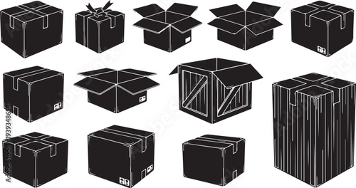 Set of various open and closed gift boxes and presents in black and white flat design vector illustration