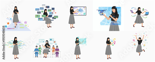 Flat Style Diverse Businesswoman Character with Technology and Communication Concepts Illustration