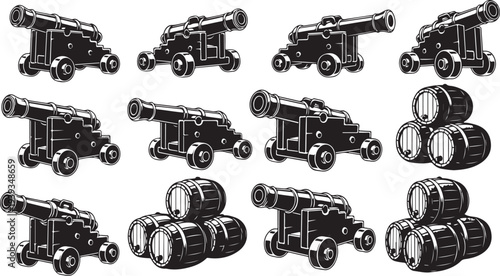 Set of vintage cannons and barrels vector illustration, black and white flat design artillery collection, scalable military weapon graphics