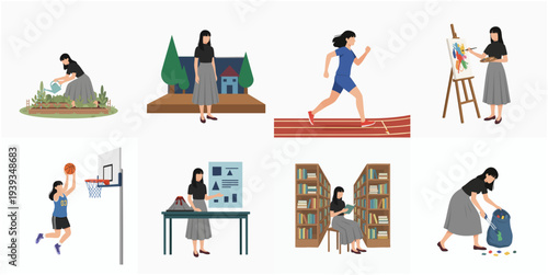 Flat Style Woman Doing Various Activities Like Gardening Studying and Exercising Illustration