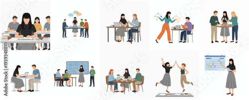 Flat Design Diverse Group Business People in Office Activity Illustration