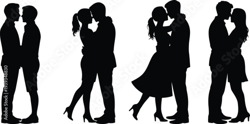 Set of 4 black vector silhouettes depicting diverse couples in romantic poses, including a same-sex male couple and heterosexual couples embracing and kissing, isolated on a white background.