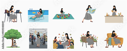 Minimalist Flat Illustration of Woman Reading in Various Lifestyle Situations