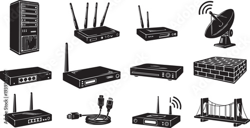 Networking devices and technology equipment set flat design vector illustration isolated on white background