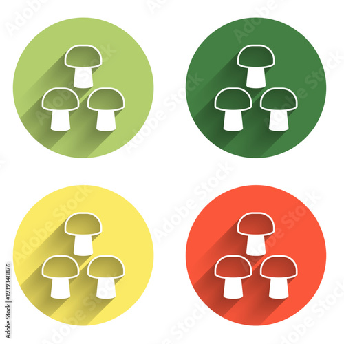 Set Mushroom icon isolated with long shadow background. Color circle button. Vector