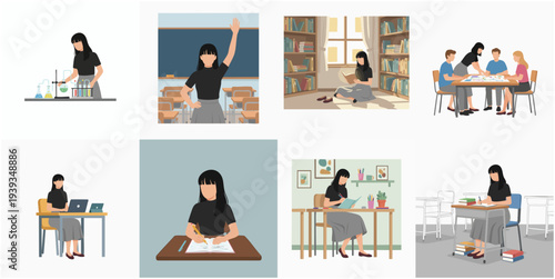 Flat Style Detailed Woman Teacher in Class Studying Scene Illustration Set