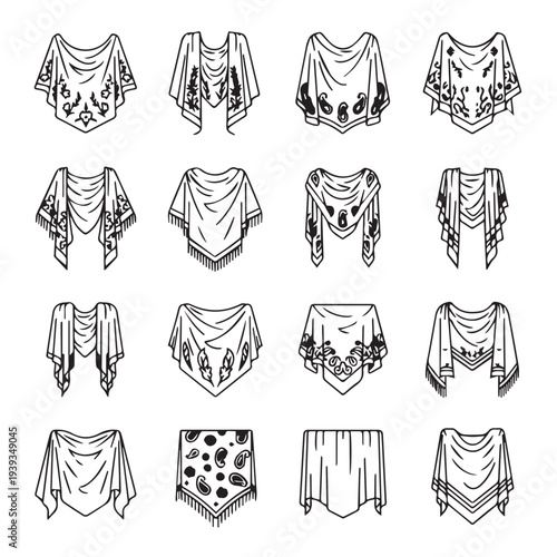 Collection of Poncho and Shawl Fashion Illustrations with Patterns and Fringes