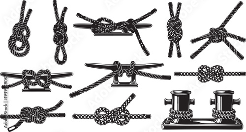 Collection of black rope knots and spider web designs vector illustration flat art scalable graphic