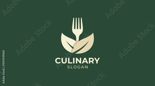 An elegant culinary logo design features leaves and a fork, symbolizing fresh ingredients and healthy eating, perfect for restaurants, cafes, or culinary brands.