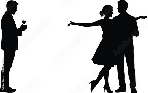 Black silhouette vector illustration of a man proposing with a heart to a dancing couple, symbolizing unrequited love or a love triangle concept.