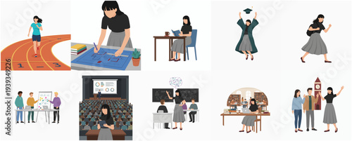 Flat Illustration Woman in Various Scenes Education and Career Lifestyle Activities