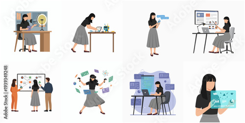 Simple Flat Illustration Woman Doing Various Activities Set Illustration