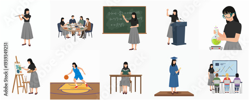 Modern Flat Illustration Diverse Students and Teacher in Educational Activities Set