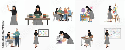 Flat Style Various Teacher Activity Education Illustration in Classroom and Lecture