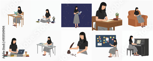 Minimalist Flat Style Woman Study and Work in Various Activities Illustration Set